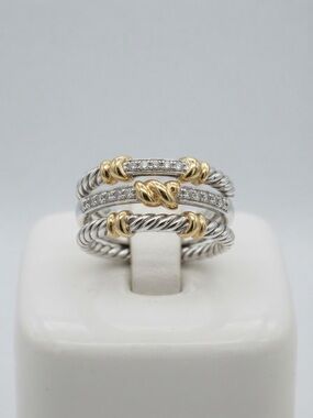 David Yurman Two-Tone Cable Stackable Ring with Diamond Accents — Gold & Silver